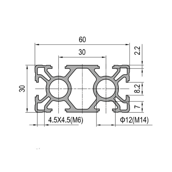 30x60 T-Slot Aluminum Profile with 6 Slots