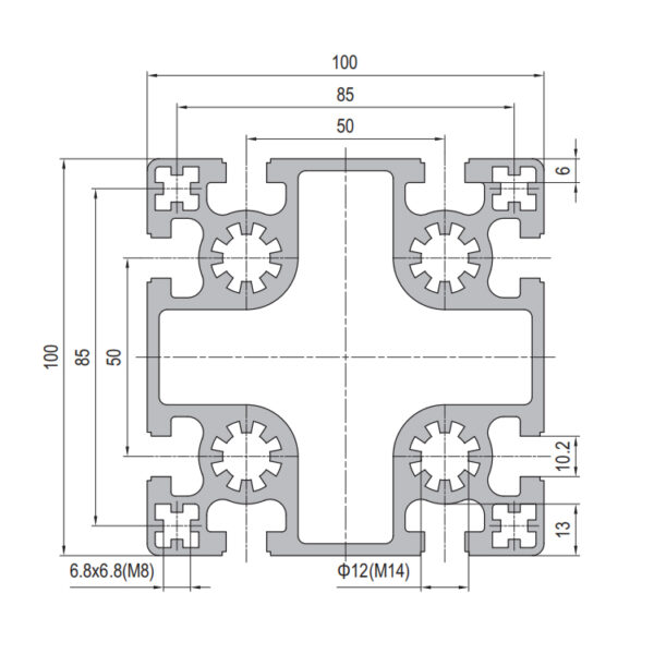 100x100mm T-Slot Aluminum Profile with 8 Slots
