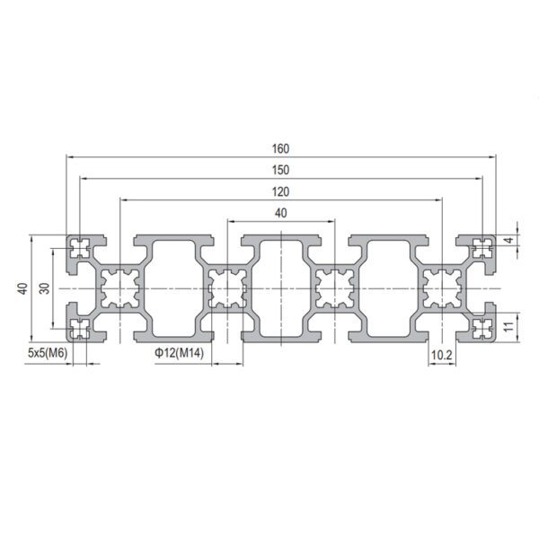 40x160 Ten Slots Aluminum Profile