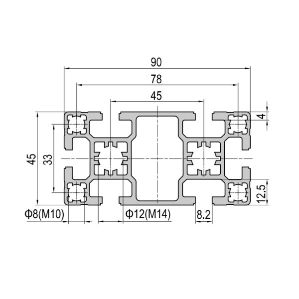 45x90 T-Slot Aluminum Profile with 6 Slots