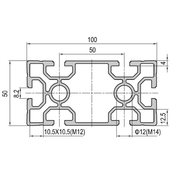 50x100mm T-Slot Aluminum Profile with 6 Slots