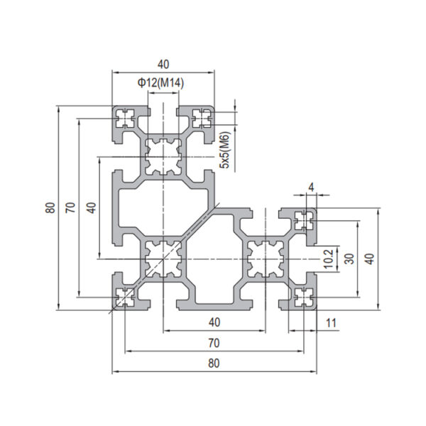 80x80 L-Shaped T-Slot Aluminum Extrusion Profile With 8 Slots