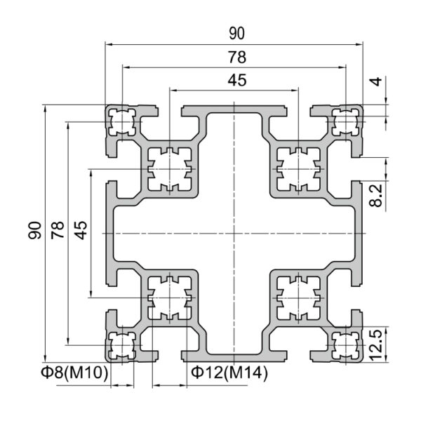 90x90 8-Slot T-Slot Aluminum Extrusion Profile