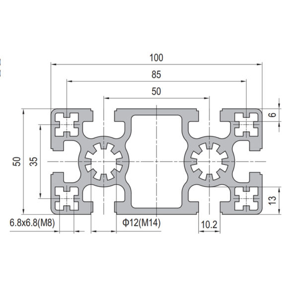 ​​50x100 T-Slot Aluminum Profile with 6 Slots​​