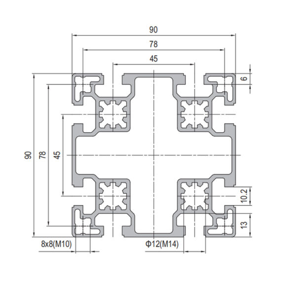 ​​90x90 T-Slot Aluminum Strut Profile With 8 Slots