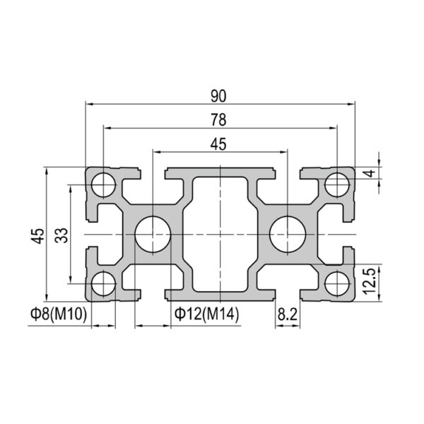 ​​Heavy Duty 45x90mm T-Slot Aluminum Profile With 6 Slots