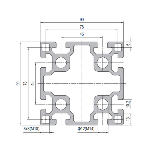 ​​Heavy-Duty 90x90 T-Slot Aluminum Profile​​ With 8 Slots