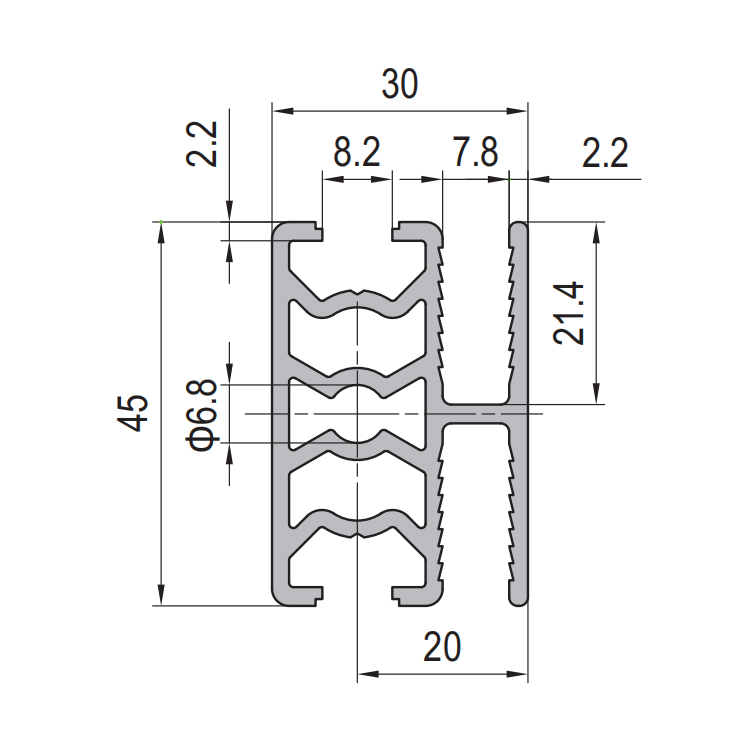 Perfil de aluminio para rejilla de 2 ranuras de 30x45 - Imagen 2