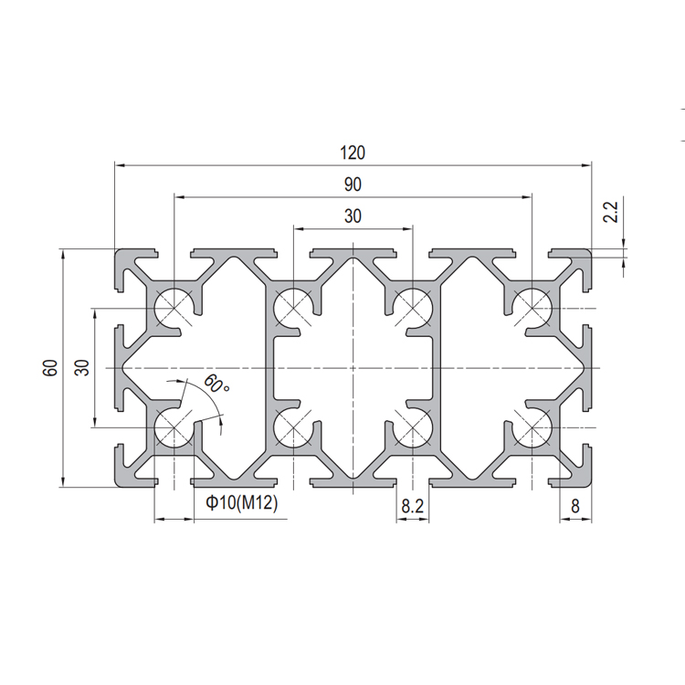 60×120 Aluminium-Rahmenprofil mit 12 Schlitzen – Bild 2