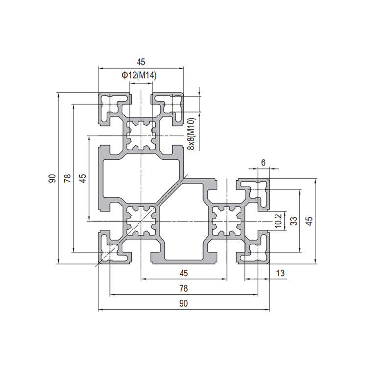 Perfil de extrusión de aluminio con ranura en T de alta resistencia 9090 L – 8 ranuras - Imagen 2