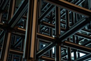 Intricate steel lattice structure showcasing modern geometric industrial design.